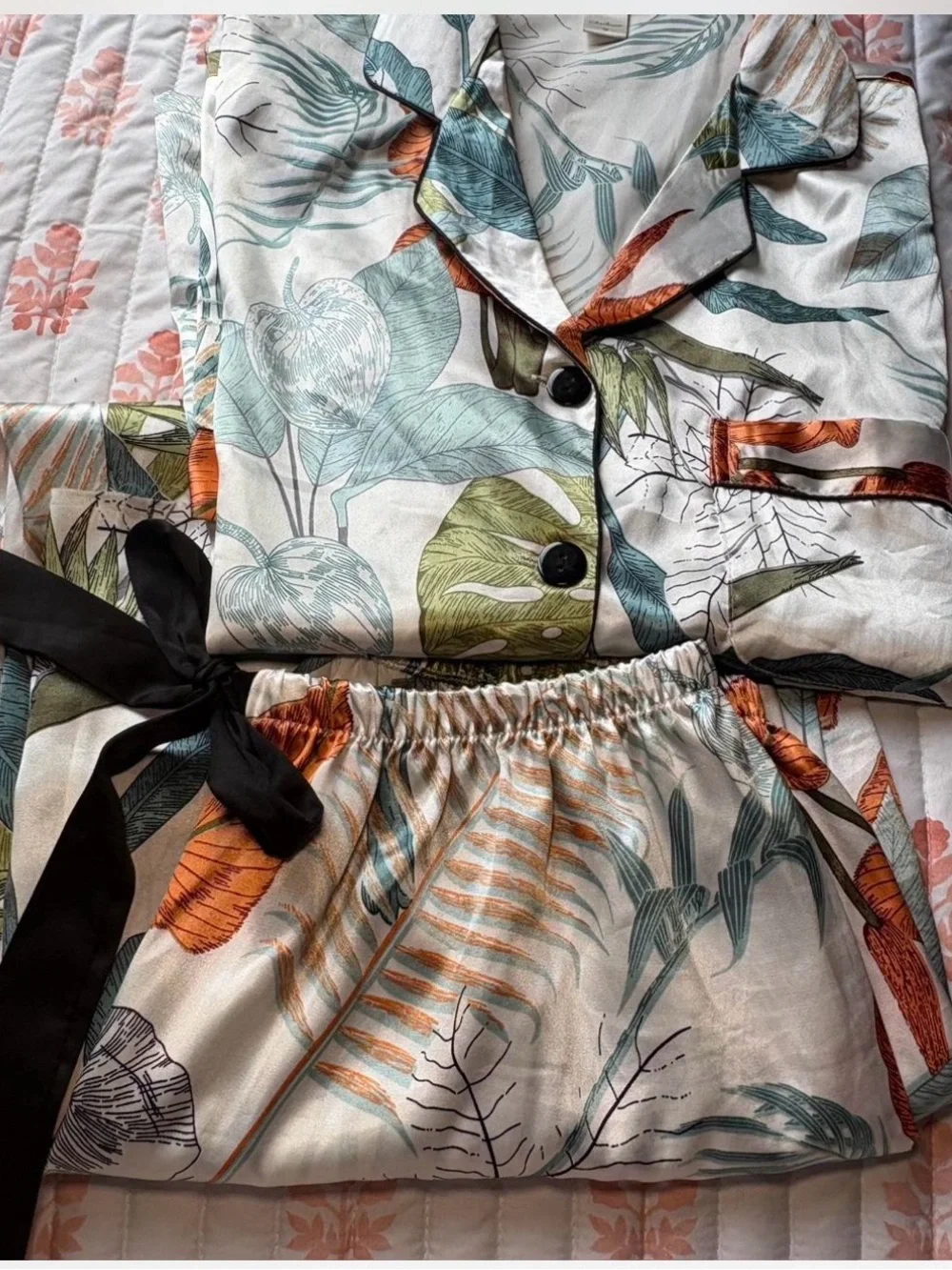 Silky Botanical-Print Women’s Pajama Set in Ivory and Multi - Picture 1 of 8
